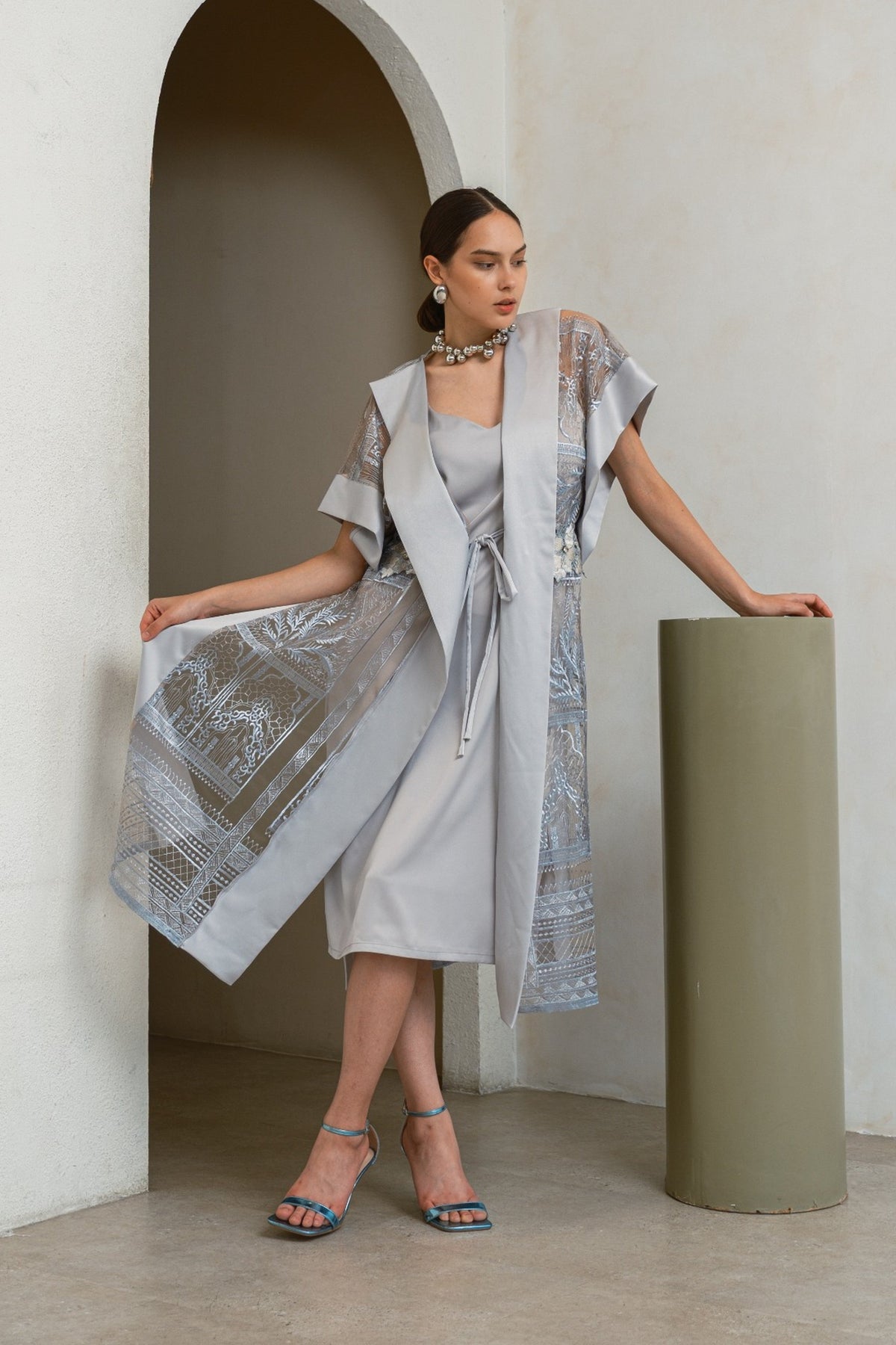silk kimono kaftan dress Red Kimono Silk Caftan Dress-Geometric by Kiku